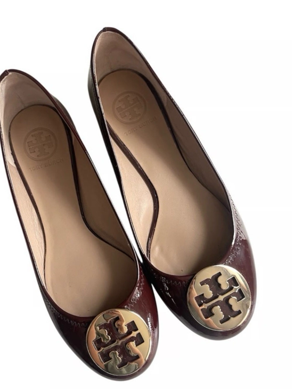 TIRY BURCH BURGUNDY PATENT LEATHER LOGO BALLET FLATS SIZE 8.5